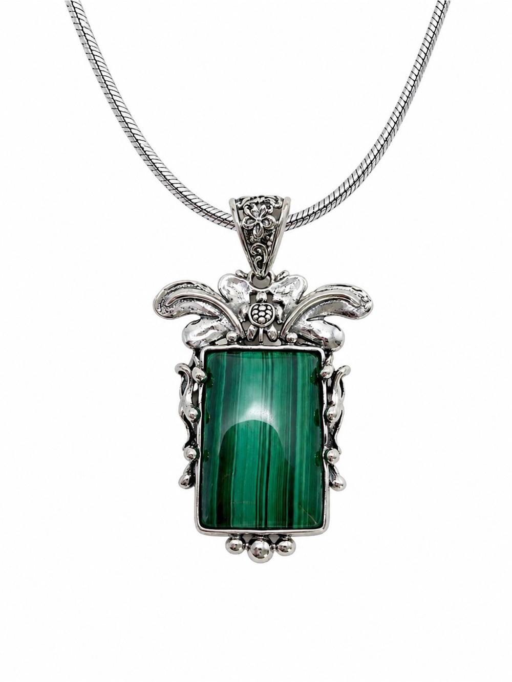 S925 Malachite & Turtle Rectangular Handmade Pendant